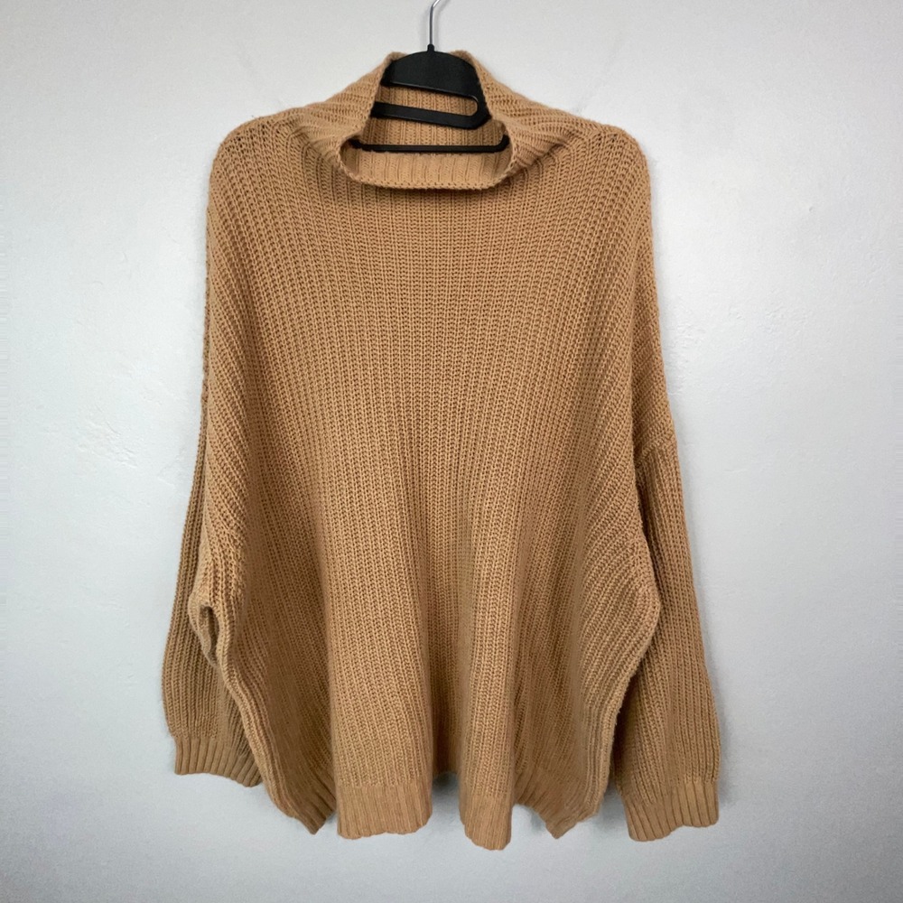 American Eagle Sweater L/XL Tan Ribbed Chunky Knit Oversized Mock Neck Cotton
